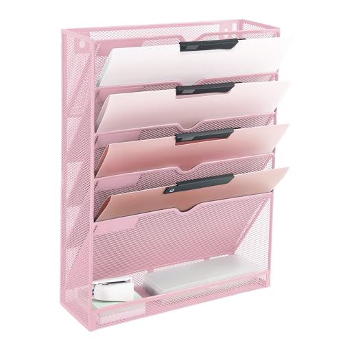 EASEPRES 6 Tier Mesh Hanging Wall File Organizer, Desk Vertical Mail Paper Document Folder Holder Rack with Bottom Tray and Nametag Label for Office Home School, Pink