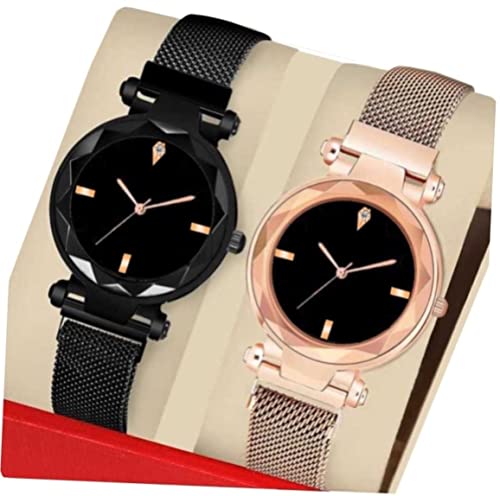 Acnos Stainless Steel Premium Brand - A Branded Heavy Quality Festival Special Black Dial And Rosegold Round 1 Diamond Magnet Belt Analog Watches For Women Pack Of - 2, Black Band
