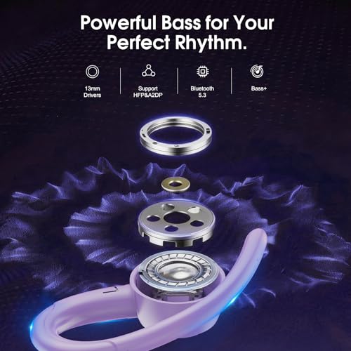 Image of Wireless Earbuds Bluetooth 5.3 Headphones Sports, 48H Earphone with ENC Mic, Stereo Deep Bass Bluetooth Earbuds with Secure Earhooks, LED Display, IPX7 Waterproof Over Ear Buds for Running /Gym Purple