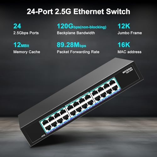 Image of 24 Port 2.5Gb Ethernet Switch Unmanaged, NICGIGA 24 Port 2.5G Network Switch, Plug & Play, Desktop or 19-inch Rack Mount, Fanless Metal Design.