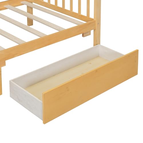 Image of Twin Size House Platform Bed with Roof and 2 Drawers, Solid Wood House Daybed Frame with Headboard and Slat Support for Kids Teens Girls Boys Bedroom, Can Be Decorated (Natural-03, Twin)
