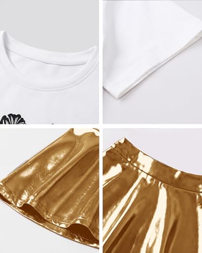 Image of Betusline Girls 2 Piece Outfits Short Sleeve Crop Top and Metallic Skater Skirt Set for Kids Dance Party Tennis, 4-14Y