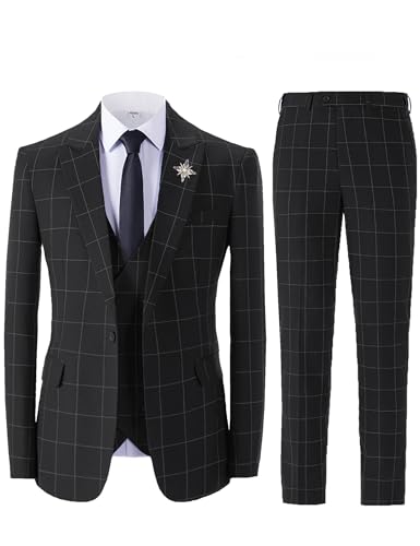Casual Men's Suits Regular Fit 3 Pieces Double Breast Lightweight Plaid Tuxedos Business Blazer+Vest+Pants(Black,3X-Large)