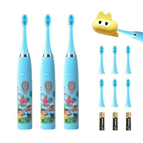 Image of 3 Pack Kids Battery Powered Sonic Toothbrush with 6 Brush Heads and Toothbrush Cover, AA Battery - Soft Bristles, IPX Waterproof, 2 Mins Timer (Blue)