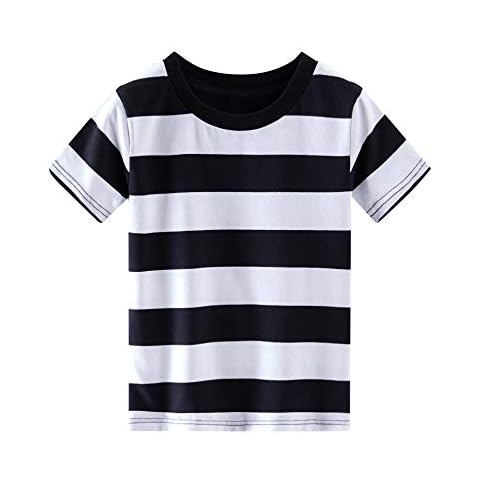 Spring&Gege Boys' Short Sleeve Striped T-Shirt Cotton Crew Neck Tees, Black and White Stripes, 11-12 Years Cover