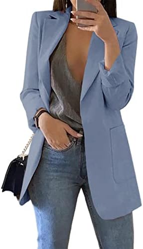 Cnkwei Womens Casual Blazers Open Front Long Sleeve Lapel Collar Work Office Jacket Blue