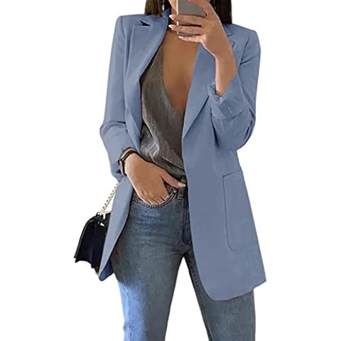 Cnkwei Womens Casual Blazers Open Front Long Sleeve Lapel Collar Work Office Jacket Blue Cover