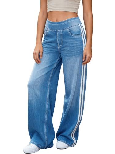 LaiEr Damen Jeans mit Weitem Bein Einzigartiges Color Block Design,Hoher Bund mit Gerader Schnitt,Geeignet für Freizeit Yoga und Fitness,Hochelastische Baggy Denimhose.(MediumLightBlueM)