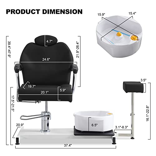 Paddie Black Reclining Pedicure Chair With Headrest/Foot Basin/Leg Rest Hydraulic Adjustable For Salon Spa Nail Tech #TOP2