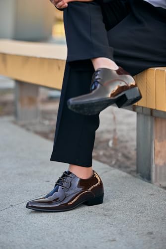 Image of CALTO Men's Invisible Height Increasing Elevator Shoes - Chocolate Brown Patent Leather Lace-up Formal Dress Oxfords - 2.8 Inches Taller - K2727 - Size 8 D(M) US