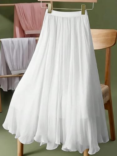 Women's Elegant Pleated Midi Skirt High Waisted A Line Flowy Swing Boho Long Beach Elastic Waist Summer White Skirts3