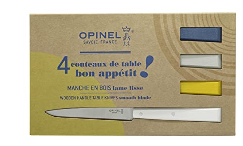 OPINEL - Coffret Table N°125 Bon Appétit Céleste - 4 Couteaux OPINEL de Table - Couteaux à Steak de Table - Lame Inox 11 cm & Manche Bois - Jaune, Nuage, Bleu Marine & Blanc