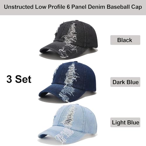 Image of 3 Pack Baseball Cap Vintage Distressed Low Profile Unstructured Cotton Dad Hat Adjustable for Women Men