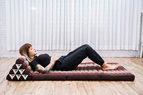 Image of Leewadee 3-Fold Mat XXL with Triangle Cushion - Firm TV Pillow, Foldable Mattress with Cushion Made of Kapok, 67 x 31 inches, Brown Red