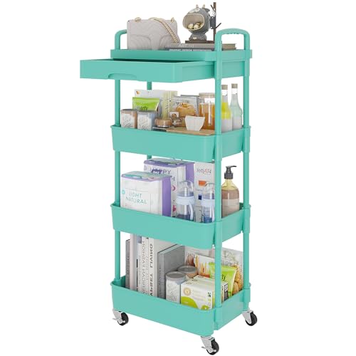 Image of Calmootey 4-Tier Rolling Utility Cart with Drawer,Multifunctional Storage Organizer with Plastic Shelf & Metal Wheel,Storage Cart for Kitchen,Bathroom,Living Room,Office,Green