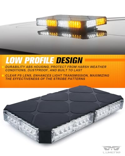 LUMENIX LED Roof Top Strobe Beacon Lights Bar Rooftop Emergency Hazard Warning Safety Flashing Plow Light for Construction Vehicles Tow Work Trucks Postal Security Cars Snowplow - Amber White