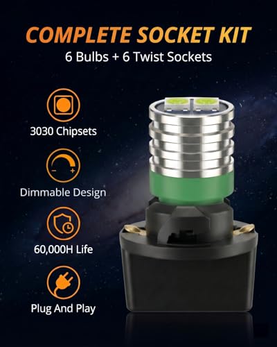 Image of WLJH 194 Led Bulb PC195 PC194 PC168 Car Dashboard Instrument Panel Bulbs 168 2825 T10 Led Twist Socket Locks Dash Lights Gauge Cluster Led Super Bright (Green,Pack of 6) | 3030 SMD, 200lm, PC194 PC168 PC195, Dimmable, Plug and Play, Map, Dome, Trunk, Door, Instrument Light, 6-Pack