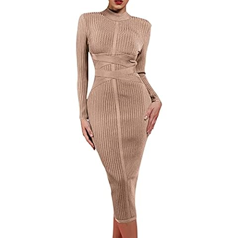 UONBOX Women's Long Sleeves Cross Strap Ribbed Club Party Midi Bodycon Bandage Dress (S, Brown) Cover