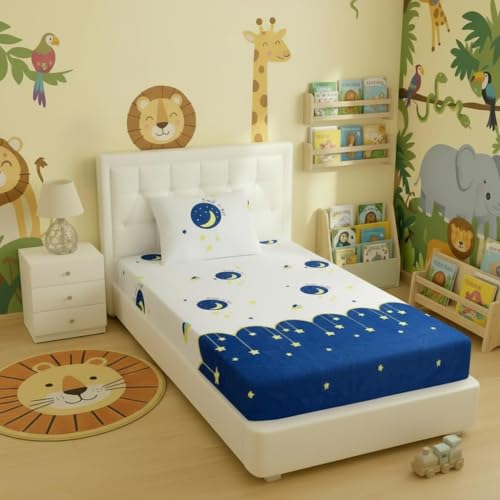 Image of Filymore Good Night Design Elastic Fitted bedsheet for Kids Room Single Bed 240 TC Soft Microfiber 1 bedsheet and 1 Pillow Cover (Size 72x36 inches) fit up to 6 inches Mattress(White)