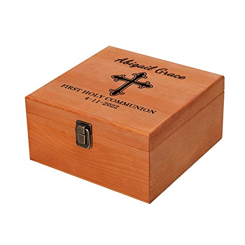 Cooayyaooc First Communion Gifts for Boys and Girls Personalized Wooden Keepsake Box Custom Name Date Cross, Customized Wood Memories Box with Lids for Granddaughter Grandson