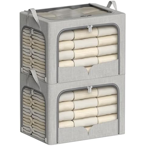 2 Pack Clothes Storage Bins Foldable Storage Organizer Bin with Metal Frame Linen Fabric Storage Box with 3 Opening Clear Window (Light Grey, 23.6"L x 16.5"W x 15.7"H(inch)) Cover