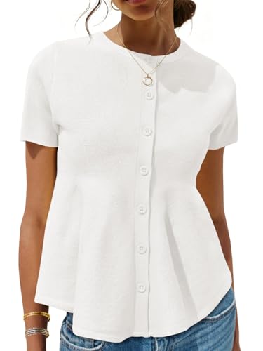 Image of Saodimallsu Womens Short Sleeve Cardigans Ruffle Button Down Crew Neck Peplum Babydoll Knit Sweater Tops