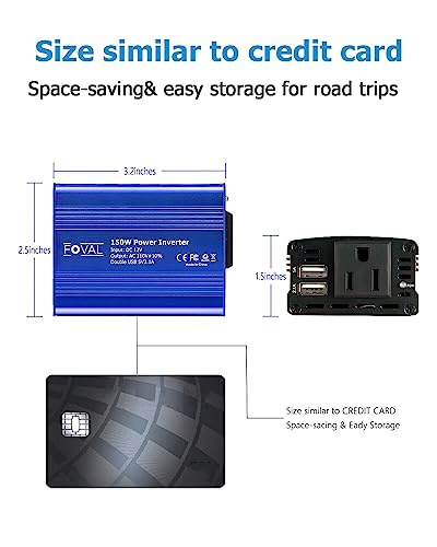 FOVAL 150W Car Power Inverter 12V DC to 110V AC Converter Vehicle Adapter Plug Outlet with 3.1A Dual USB Car Charger for Laptop Computer (Classic Blue)