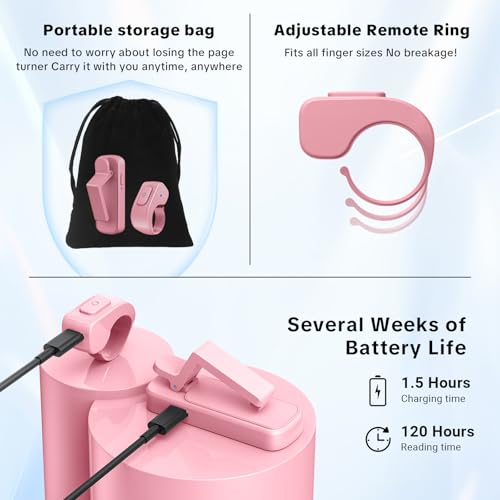 Remote Page Turner Ring for Kindle Paperwhite Oasis Scribe Kobo,Designed for Thick Cases Clicker Page Turner Camera Remote for iPhone iPad Android Tablets Reading Novels Comics with Storage Bag-Pink - Thumbnail 6