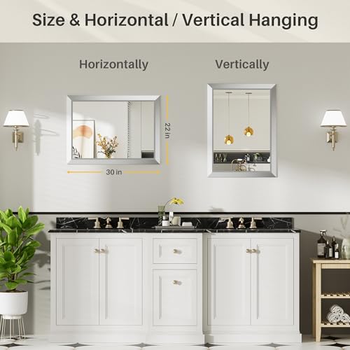 Image of 22x30 Inch Brushed Silver Bathroom Mirror for Wall, Thick Metal Framed Rectangle Mirrors for Over Sink, Bedroom, Living Room, Entryway, Anti-Rust, HD Tempered Glass