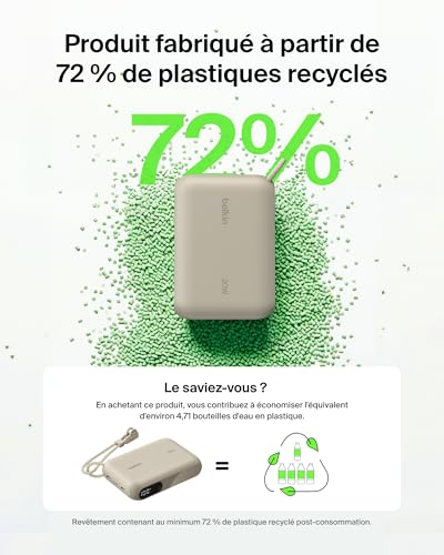 Belkin Batterie Externe 10000mah, Power Bank Charge Rapide avec 2 Ports USB-C (Chargeur Portable, écran, 20 W, pour l'iPhone 16 et 15, Samsung Galaxy S25 et S24, Pixel 9, iPad, etc., Beige)