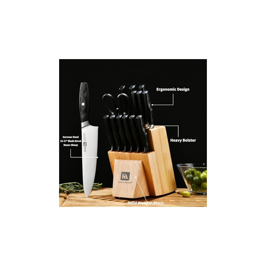 Klaus Meyer 15 Pieces Knife Block Set, High Carbon German Stainless Steel Forged Sharp Blade Knife Set With Block, Dishwasher Safe Cutlery