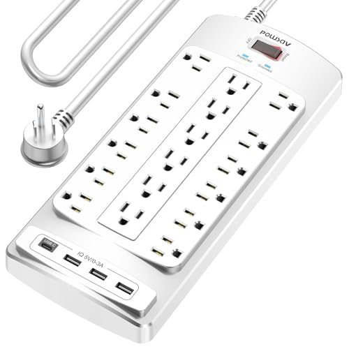 18 Outlets Surge Protector Power Strip - 10 Feet Flat Plug Heavy Duty Extension Cord with 18 Widely Outlets and 4 USB Ports, 2100 Joules, White, ETL Listed