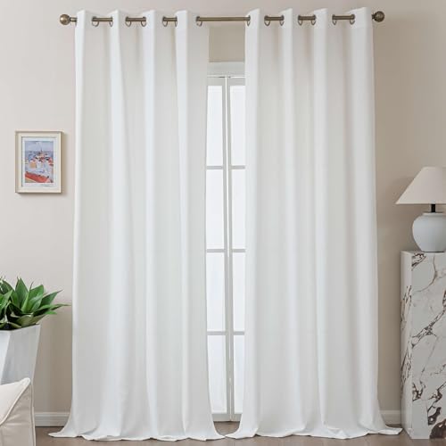 MvchennL White Linen Textured Curtains, 96 Inch Curtains 2 Panel Set, Light Filtering Semi Sheer Drapes, Elegant Grommet Top Window Treatments for Living Room/Bedroom/Dining Room