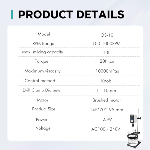 Lab Fish LFUSOS-10L-N Laboratory Overhead Stirrer Lab Stirrer | Stirring Rod And Stainless Steel Stand | Mixer Adjustable Speed 100-1000Rpm Capacity 10L 10000 Mpas Ac 100-240V thumb #6