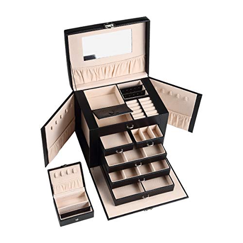 CASEGRACE Jewelry Box for Women 5 Layer Jewlery Organizer Box Mirror Display Storage Case Holder with Lock PU Leather Large Capacity Portable Set