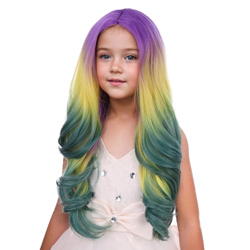 Image of PATTNIUM Mardi Gras Wig for Girls Kids Purple Yellow Green Ombre Wig Long Multi Color Wavy Curly Wigs Children Colorful Middle Part Synthetic Wigs