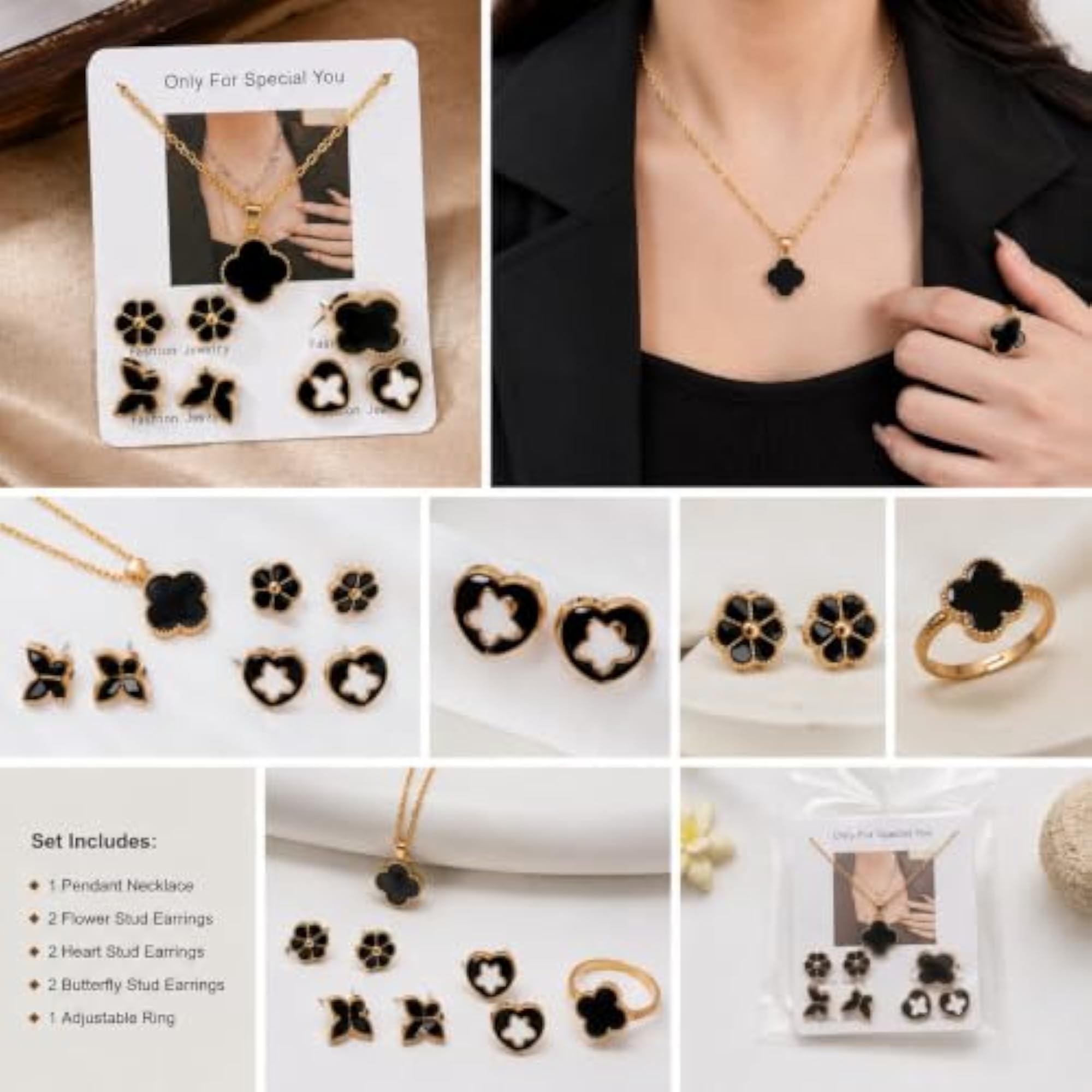Black Jewellery Combo Set, Necklace, Earrings, and Ring