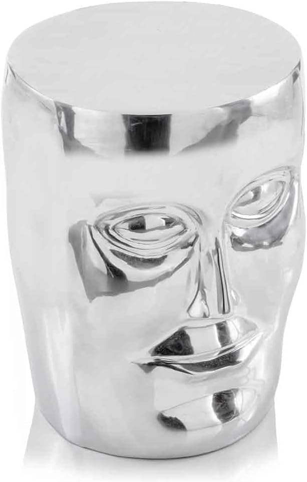 Modern Day Accents 3853 Cara Alum Face Stool, Silver, Aluminum, Accent Chair, Accent Table, End Table, Side Table, Indoor Plant Stand, Facial Expression, Statement Piece, Home, Office, 13"Lx13"Wx18"H