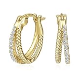 Pendientes dobles de aro de plata 925 para mujer y niña, pequeñas circonitas de aro de plata de ley 925, pendientes hipoalergénicos para dormir para niñas y niños, 16*16mm, Plata de ley, Circonia