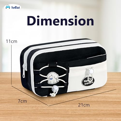 Image of FunBlast Pencil Pouch for Girls - Aesthetic Multi-Compartment Zipper Pouch with Drawstring Pocket, Cute Kawaii Pencil Case, Stylish Stationery Pouch, Return Gift for Kids & School Use (Black2)