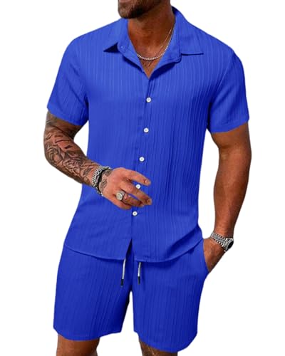 Hoefirm Conjunto de camisa de verano para hombre, camiseta de manga corta con botones, polo, gimnasio, casual, correr, deporte, sudor, ropa deportiva, 2 piezas, Azul Oscuro, M