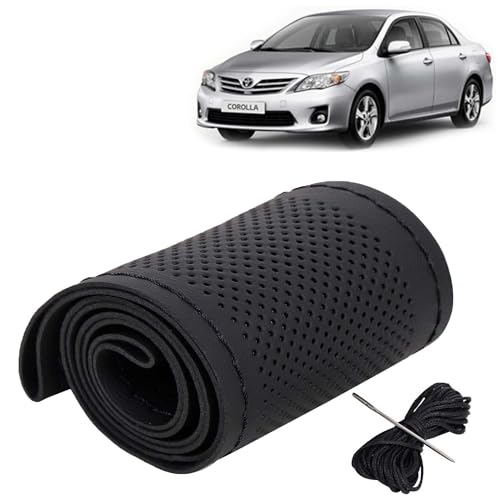 Image of KINGSWAY PU Leatherite Car Steering Cover Sewable Compatible with Toyota Corolla Altis (Year 2007-2013), Black Color with Black Thread, Pack of 1 with Sewing Needle and Thread