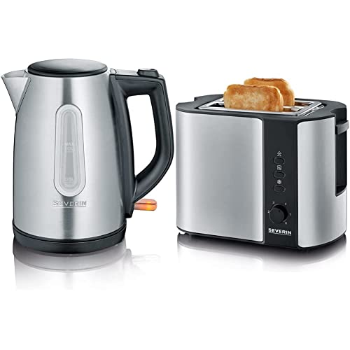 SEVERIN Bouilloire Large Ouverture 1L, 2 200W, Niveau D'eau Visible, Filtre Anticalcaire Amovible, Inox/Noir & Grille-pain automatique 800 W, Toaster compact 2 fentes jusqu'à 2 tranches, inox/noir