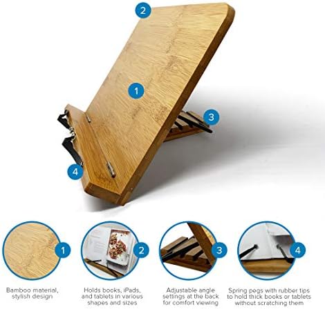 Joejis Bamboo Book Recipe Cookbook Stand - Large Wooden Adjustable Bookrest Holder for Kitchen Bedroom Office