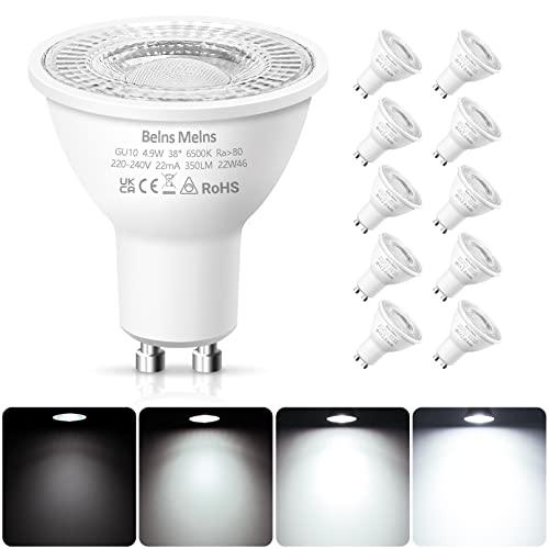 GU10 LED Bulbs Dimmable, Cool White 6500K, 50W Halogen Spotlight Equivalent, 4.9W LED GU10 Bulbs Dimmable, 220-240V 38° Beam Angle Energy Saving - Pack of 10