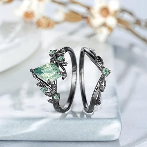 Natural Moss Agate Engagement Ring for Women Pear/Hexagon/Kite/Princess Cut Gemstone Genuine Moss Agate Wedding Ring Set Bridal Ring Set 925 Sterling Silver 10K 14K 18K Gold Moss Rings for Women Size 4-124