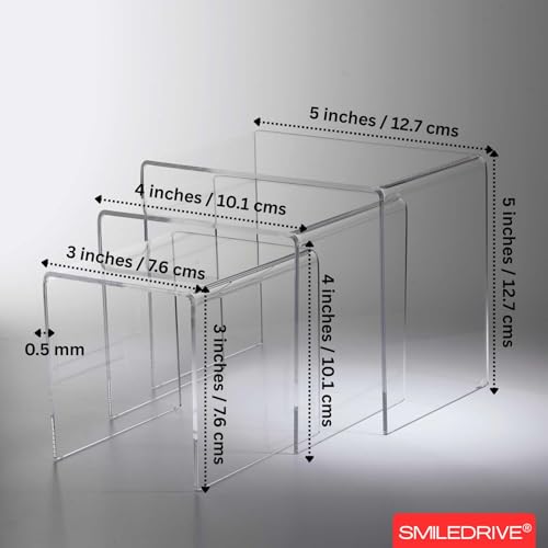 Image of SMILEDRIVE Acrylic Display Risers Set of 3, 5MM Thick, 3x3, 4x4, 5x5 Inch | Transparent Stand, For Jewelry, Collectibles, Cupcakes & Retail