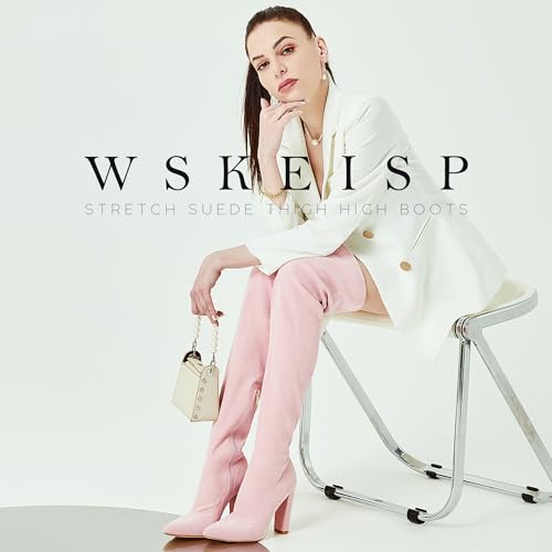 WSKEISP Women's Thigh High Boots Stretch Suede Over The Knee High Boot 4.13IN Chunky Heel Fall Winter Boots4