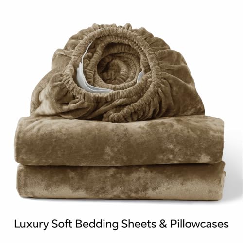 Image of BEDELITE Velvet Fitted Sheet and Pillowcase Set 3Pcs, King, Khaki | Double-Sided Plush Bottom Sheet, Luxuriously Soft & Warm, 360 Elastic & Corner Straps, 15 Inch Deep Pocket, Machine Washable