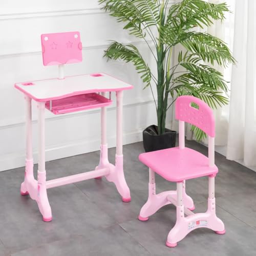 Image of Toby Adjustable Kids Study Table & Chair Set with Book Holder, Wide Desktop & Storage Drawer | Height Adjustable Children Study Desk for Home & School (Pink)